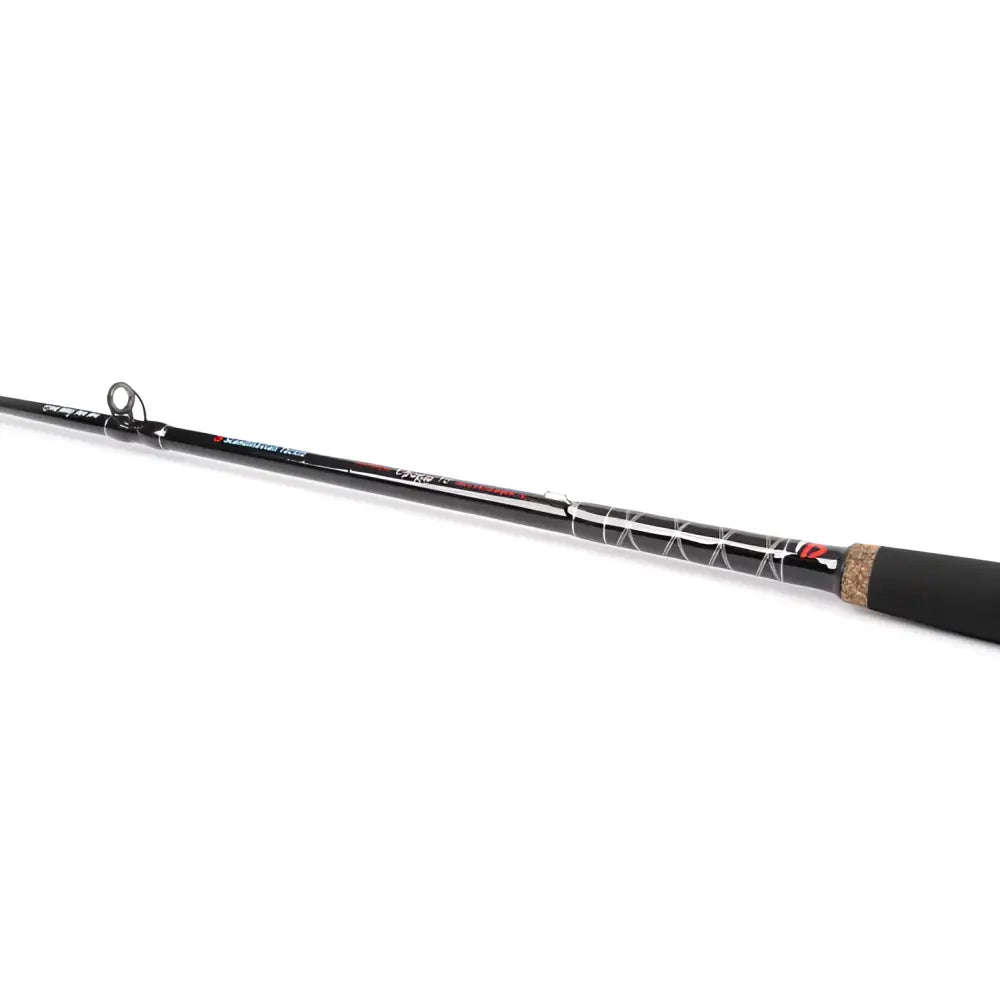 Black fishing rod with textured grip and red accents from scandinavian tackle trolling 7000 vetouistelu combo