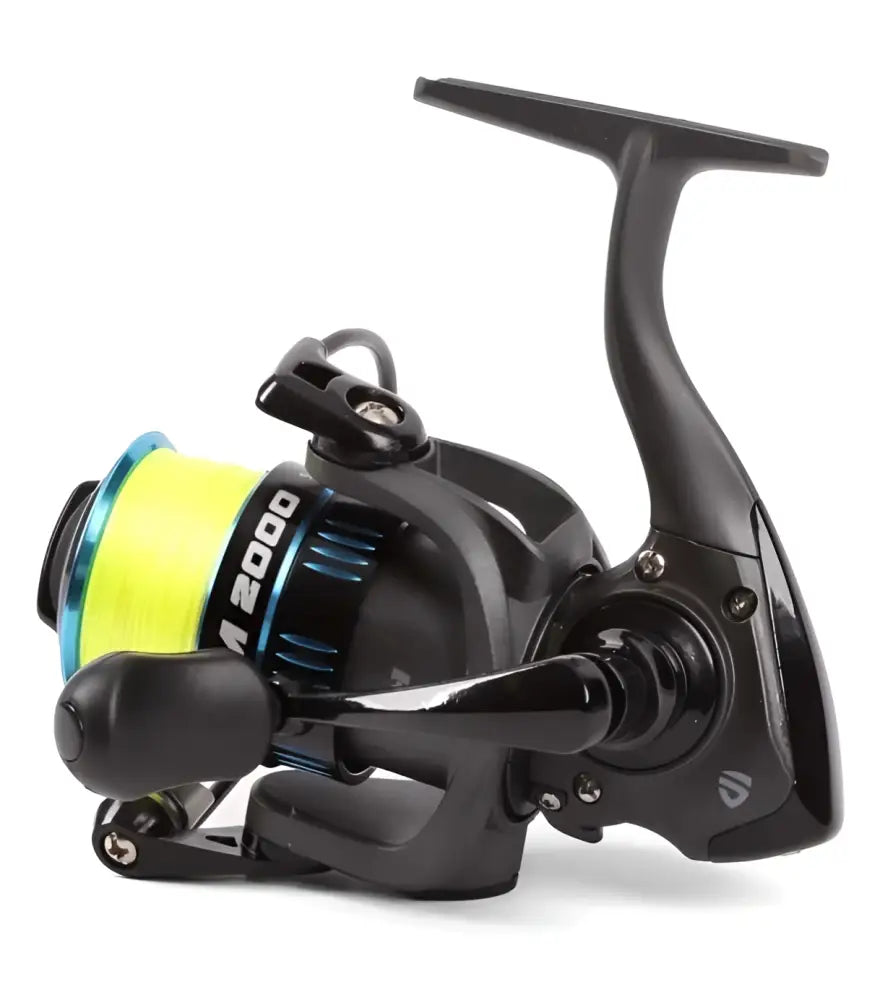 Black fishing reel venamon 2000 with bright yellow spool and blue accents model m2000 by scandinavian tackle