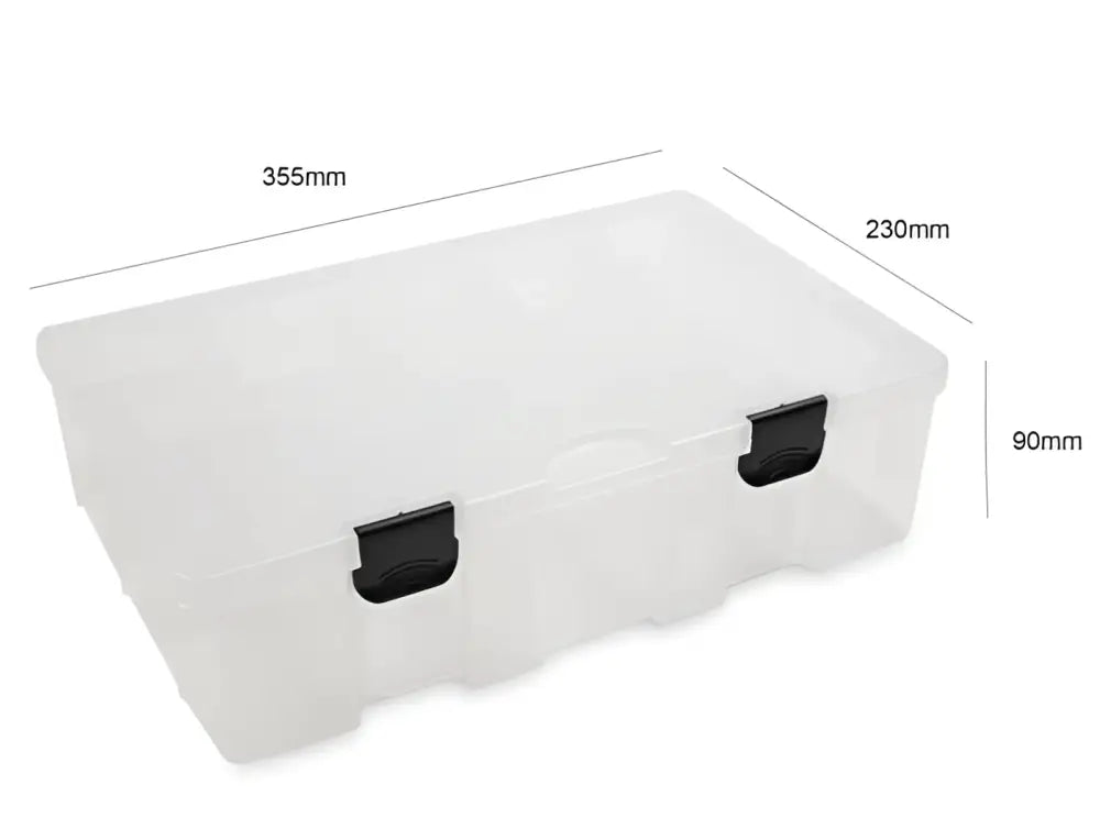 Selkeä muovinen Scandinavian tackle x75b vieherasia mustilla lukoilla mitat 355x230x90mm