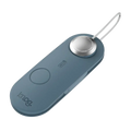 A sleek matte blue Scout travel light with a silver button and thin white cord by Knog smart Luce