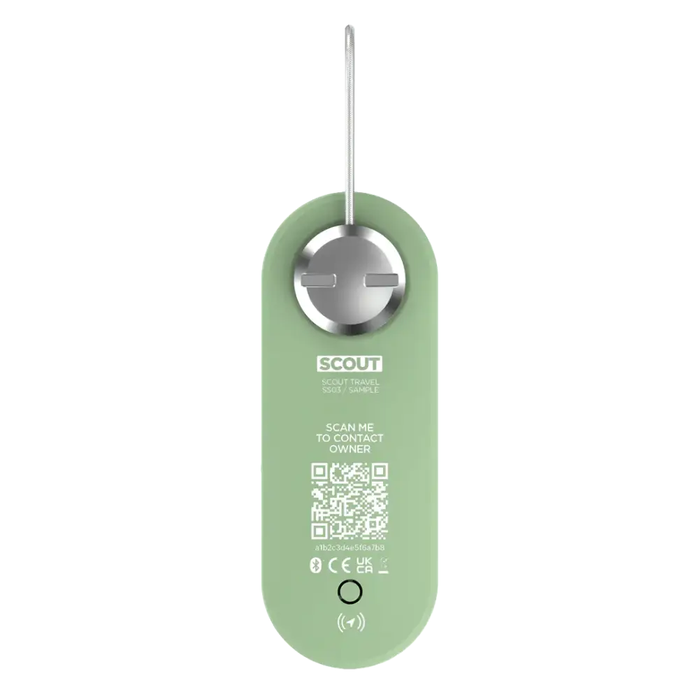 A sleek matte sage green scout travel id tag with silver metallic button and thin metal loop for attachment