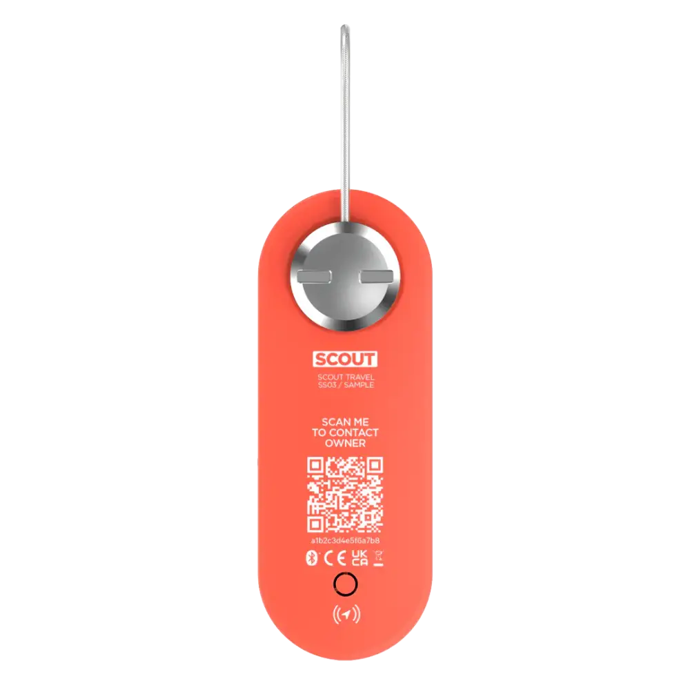 A sleek coral-orange scout travel keychain with a metallic button and qr code for owner contact in scout travel red