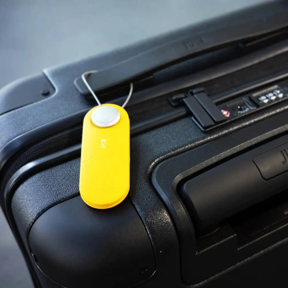 Sleek plastic luggage tag scout travel yellow with bright yellow color silver button and white string for attachment