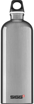 Silver sigg traveller alu 1,0 l juomapullo ruostumattomasta teräksestä mustalla kierrekorkilla ja valkoisella renkaalla