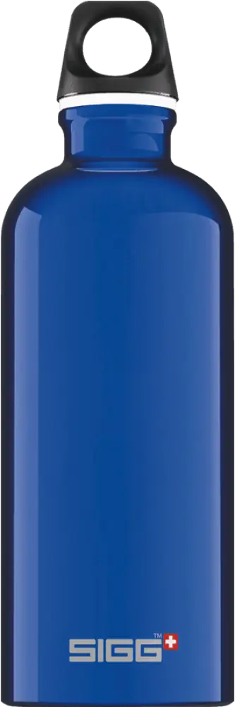 Sininen sigg traveller juomapullo mustalla ruuvikorkilla ja valkoisella korostusrengasella 0,6 l