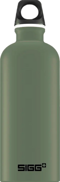 Olive green sigg traveller leaf green 0,6 l stainless steel water bottle with black screw-on cap and white rim