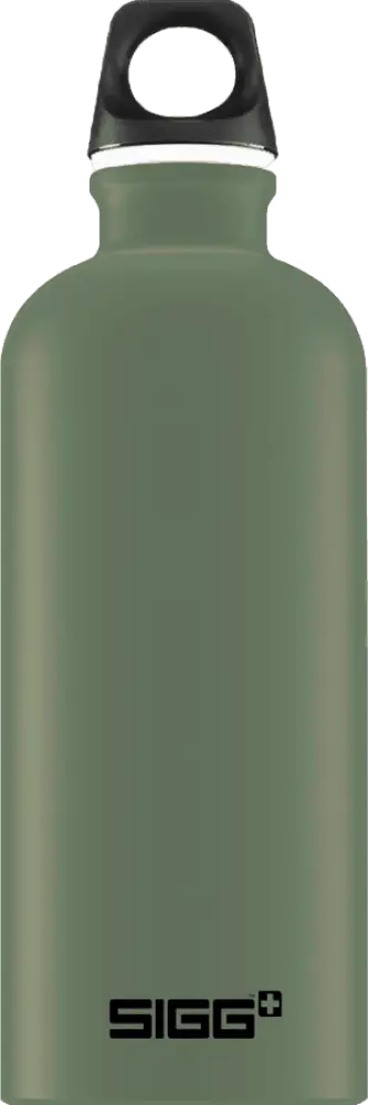Olive green sigg traveller leaf green 0,6 l stainless steel water bottle with black screw-on cap and white rim