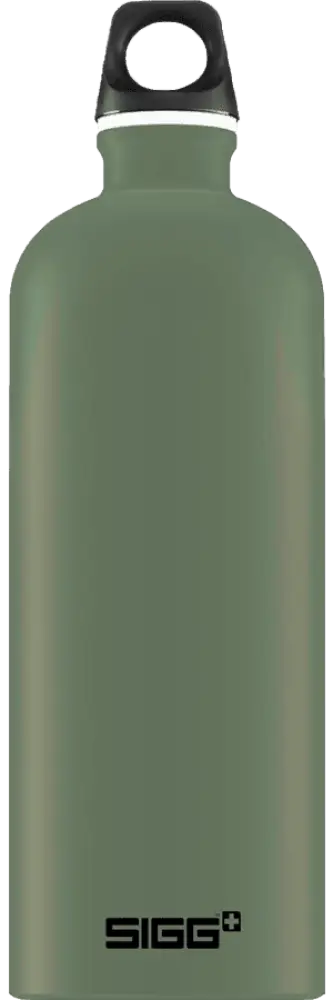 Olive green sigg traveller leaf green 1,0 l stainless steel water bottle with black screw-on cap and white accent ring