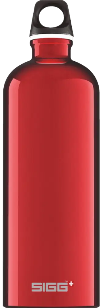 Punainen SIGG Traveller 1,0 L -vesipullo mustalla ruuvattavalla korkilla ja hopeanvärisellä renkaalla