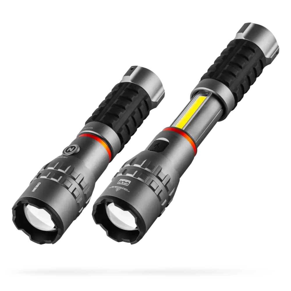 Two rugged gray slyde king 4k tactical flashlights with black textured grips and red accent rings