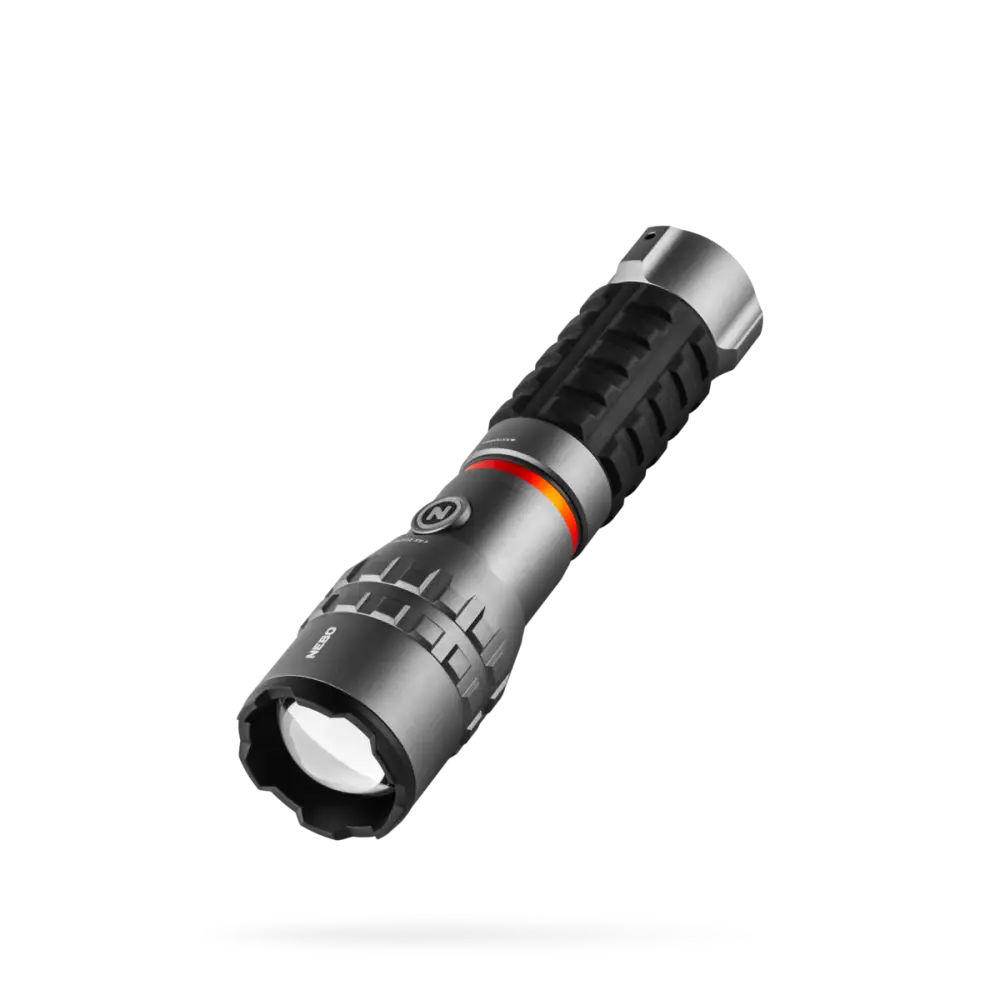 Black and silver slyde king 4k tactical flashlight with textured grip, orange accent ring, and visible led lens