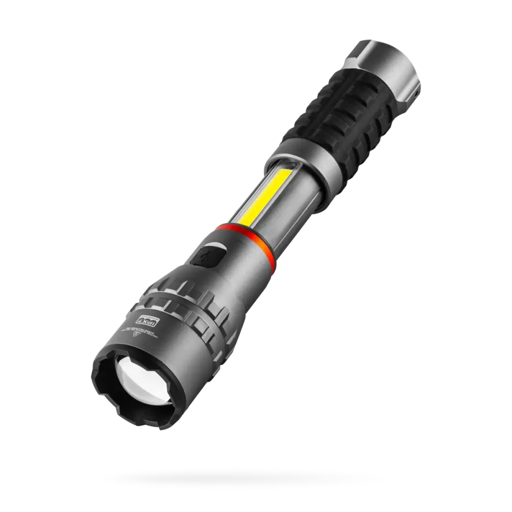 Black and silver slyde king 4k tactical flashlight with textured grip and visible yellow led strip along its body