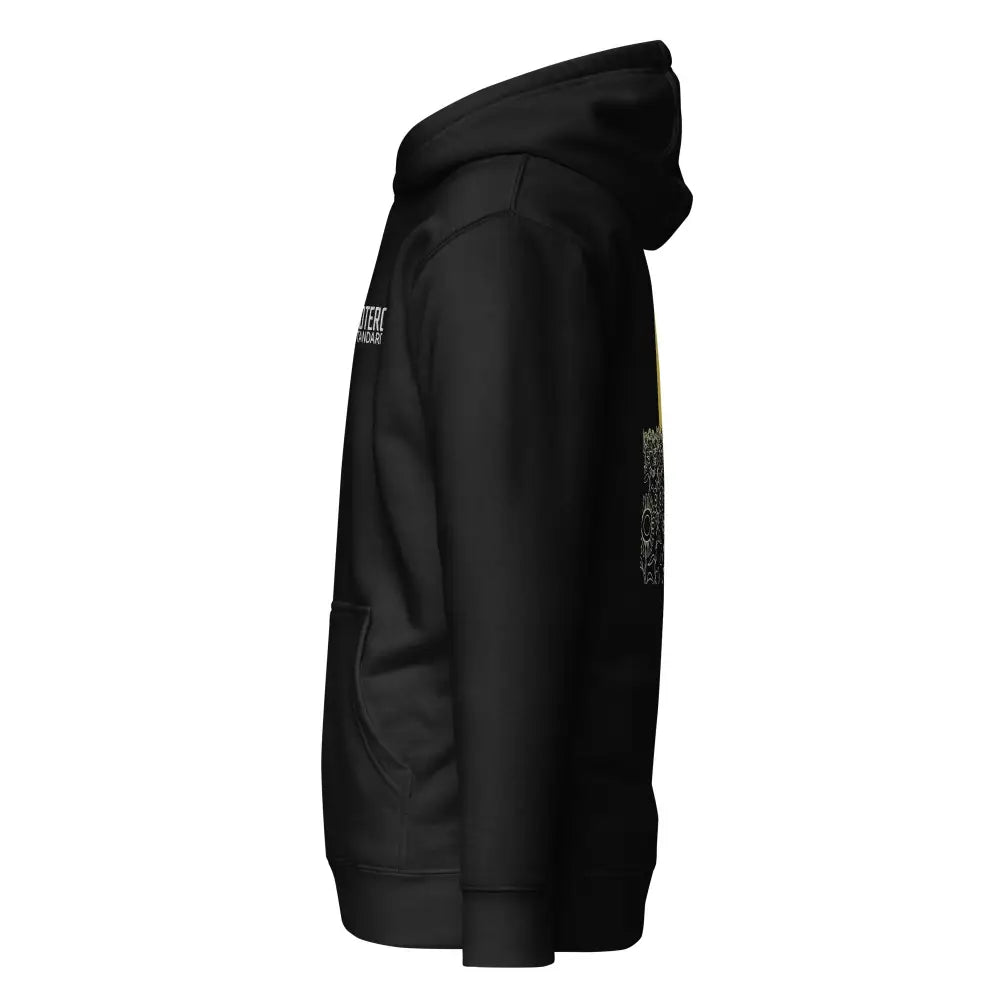 Black hooded sweatshirt with white stand with ukraine text and intricate gold patterned sleeve on the back side