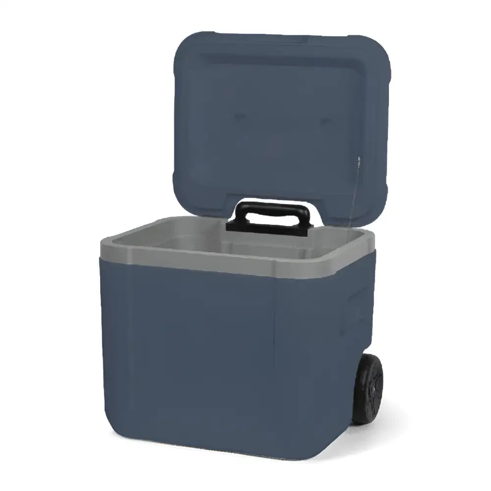 Sininen steamy cool 52l roller kylmälaukku mustalla kahvalla ja pyörillä sinisellä muovilla ja harmaalla sisällä