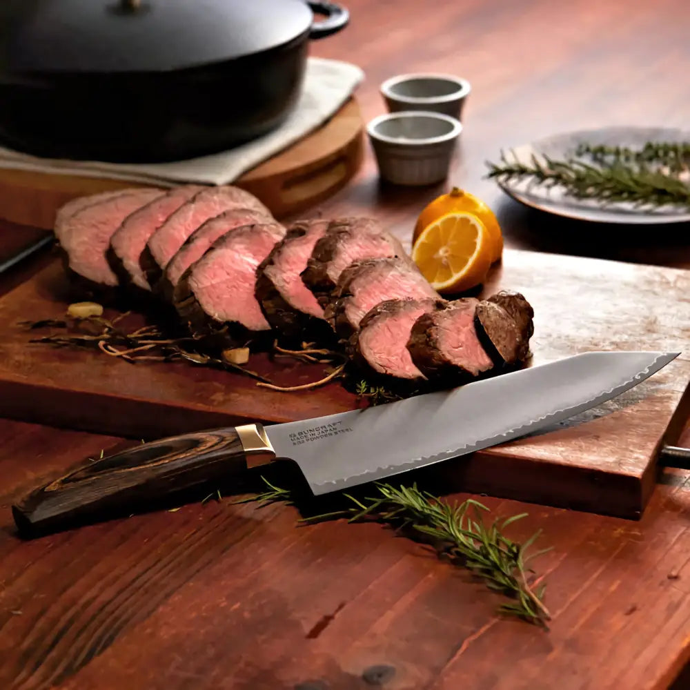 Suncraft elegancia kokkiveitsi 20 cm ruostumattomasta teräksestä tumma puukahva kullanvärisellä vahvikkeella ja medium rare naudanlihan viipaleilla