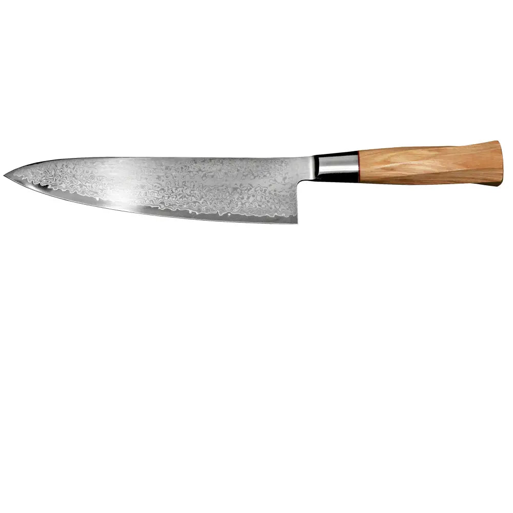 Suncraft senzo damascus twisted octagon kokkiveitsi 20 cm terä damaskista puinen kädensija hopeisella vahvistimella