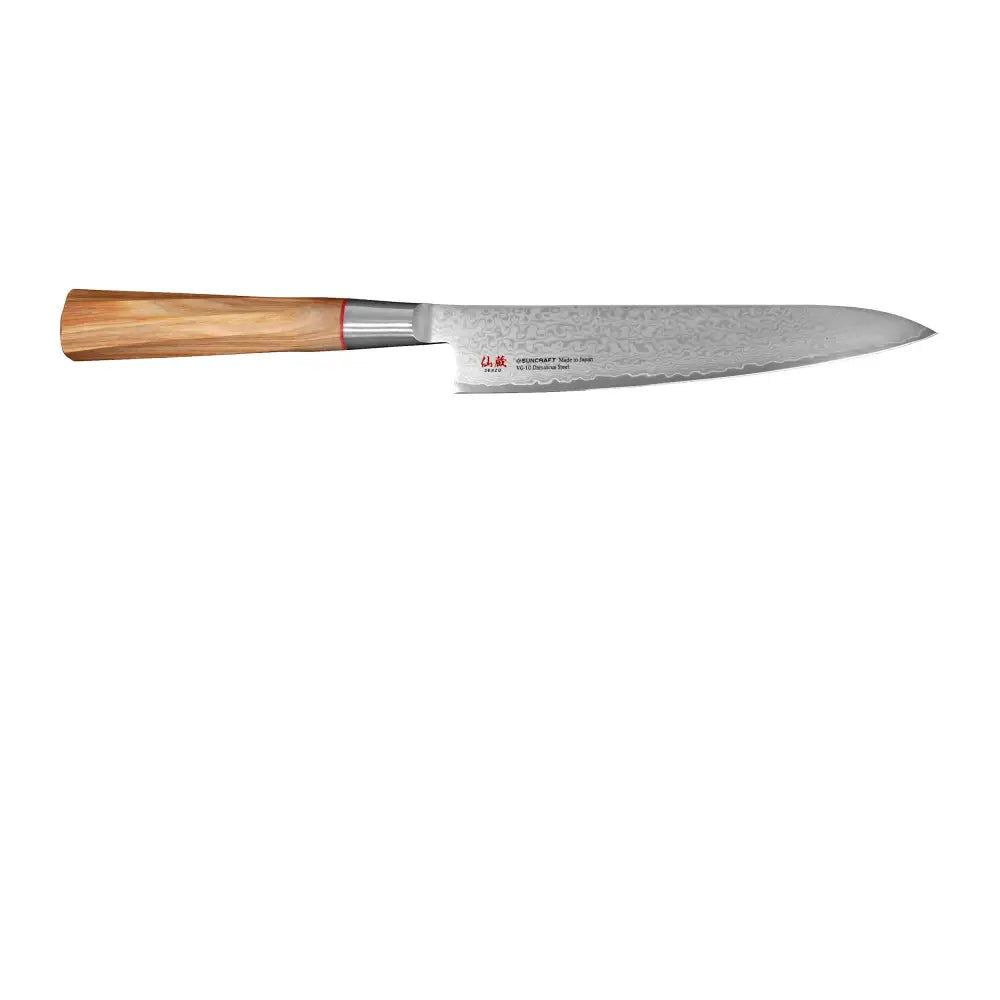 Suncraft Senzo damascus twisted octagon yleis- ja vihannesveitsi 15 cm terä damaskosta, vaaleanruskea puukahva ja punainen korostus