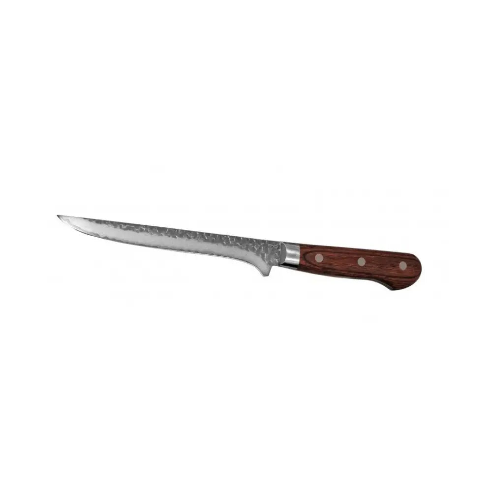 A sleek hammered stainless steel fillet knife suncraft senzo damascus 16.5cm with brown wooden handle and three silver rivets