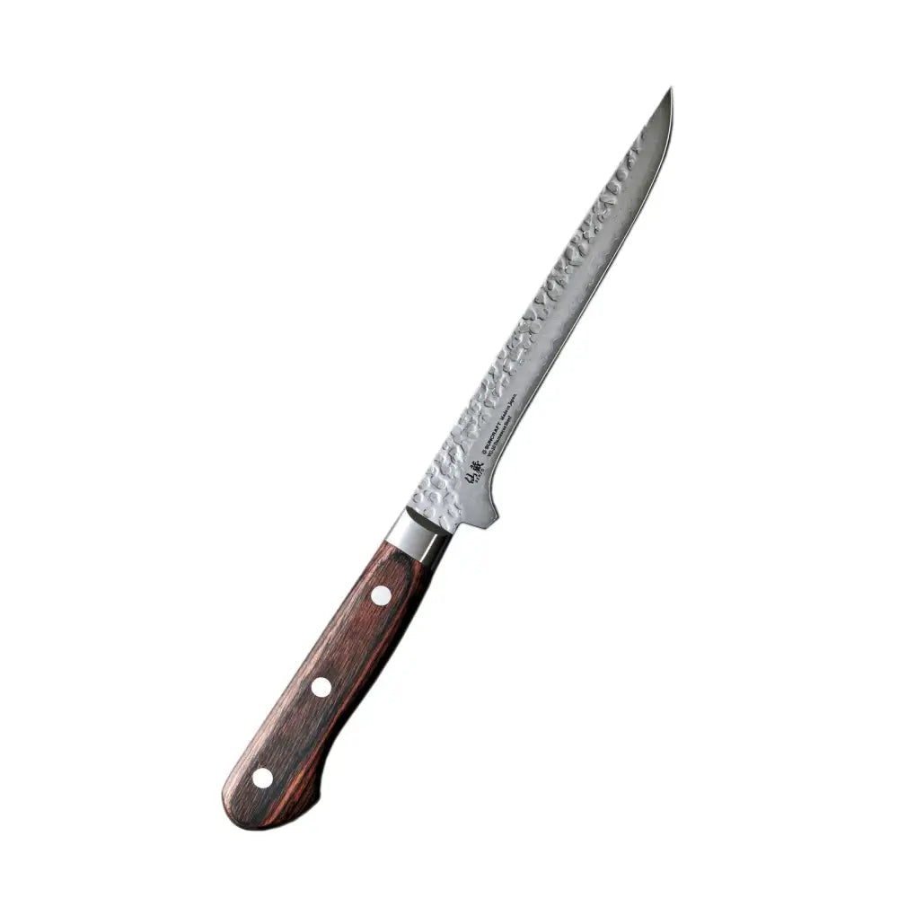 A sleek hammered stainless steel fillet knife suncraft senzo damascus with a brown wooden handle and three silver rivets