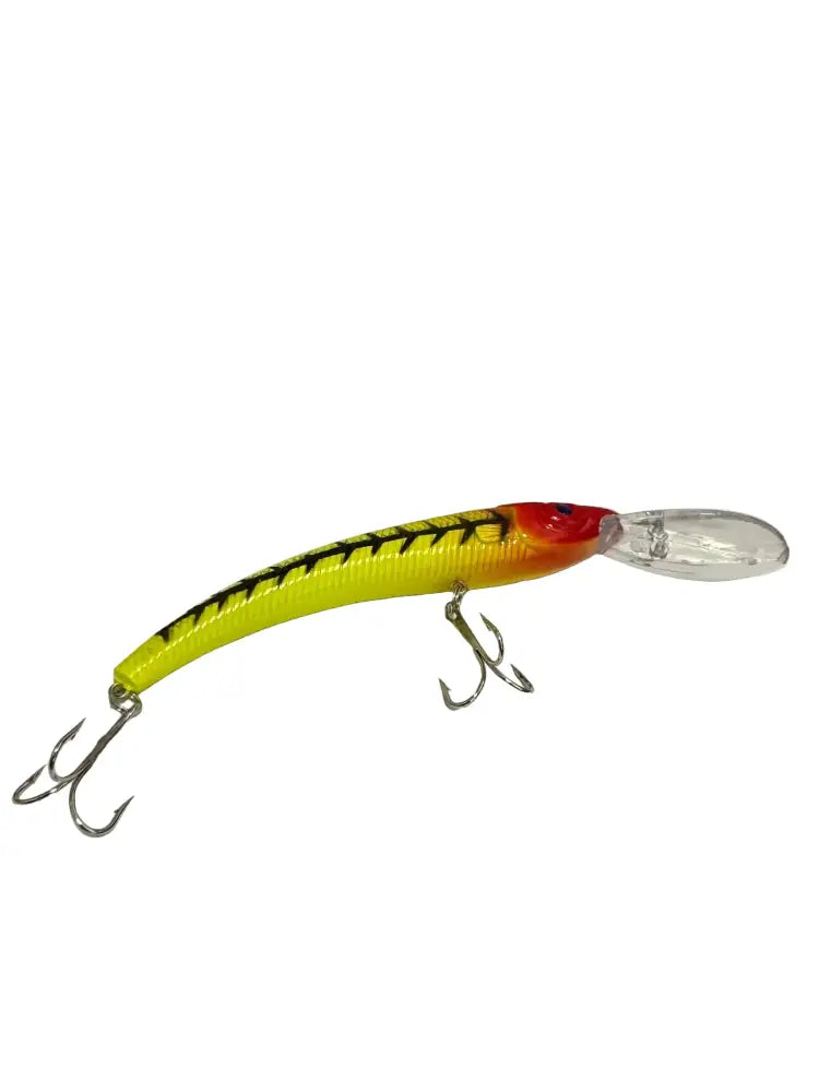 Vibrantti keltainen ja punainen sunshine diver wobbler kuhan uisteluun kirkkaalla läpinäkyvällä pyrstöllä ja kolmoispyydyksellä