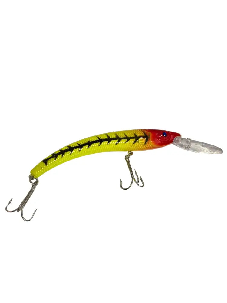 Vibrantti keltainen ja punainen muovinen sunshine diver wobbler kuhan uisteluun 12 cm 14 g mustilla raidoilla ja kolmoiskoukuilla