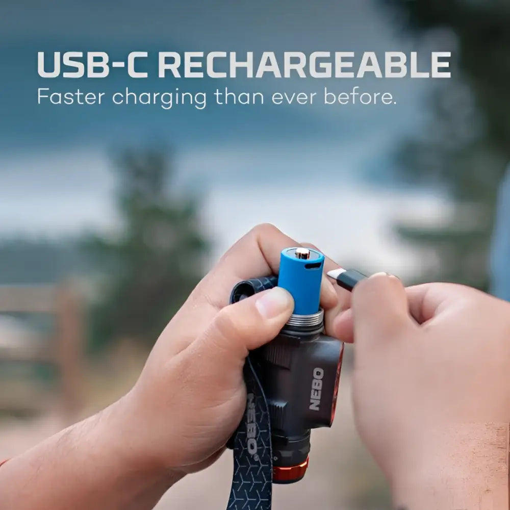 Black and blue usb-c rechargeable headlamp transcend 1500 with textured strap for secure and comfortable use