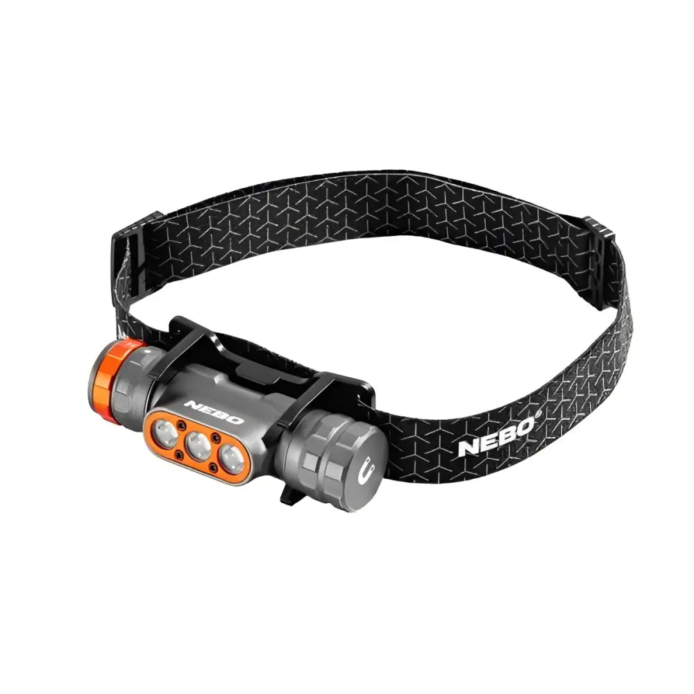 Black and orange nebo transcend 1500 headlamp with a textured strap for hands free lighting