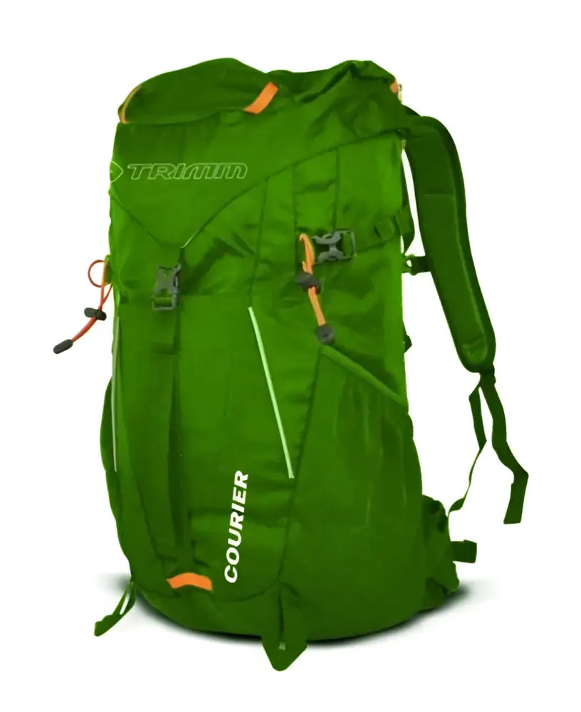 Vibrantti vihreä trimm courier reppu 35l oransseilla yksityiskohdilla ja valkoisella brändäyksellä