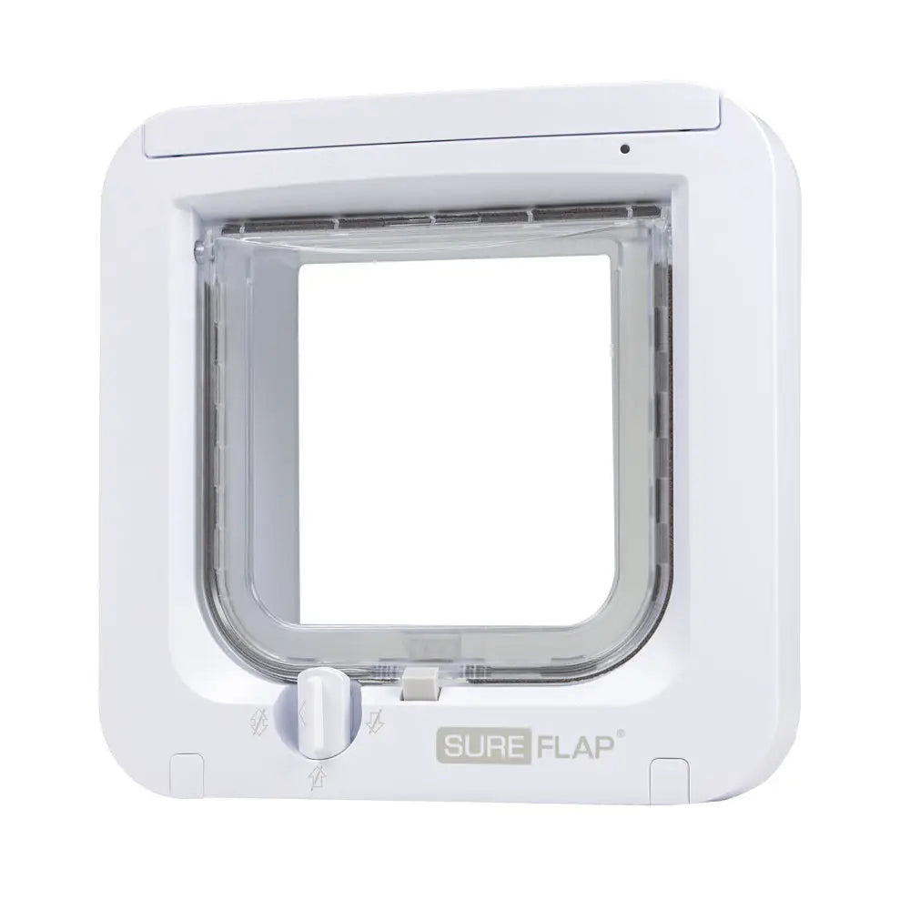Valkoinen sureflap lemmikin mikrosiruluukku 21x21 cm kirkkaalla suorakaiteen muotoisella läpällä pyöristetyillä reunoilla