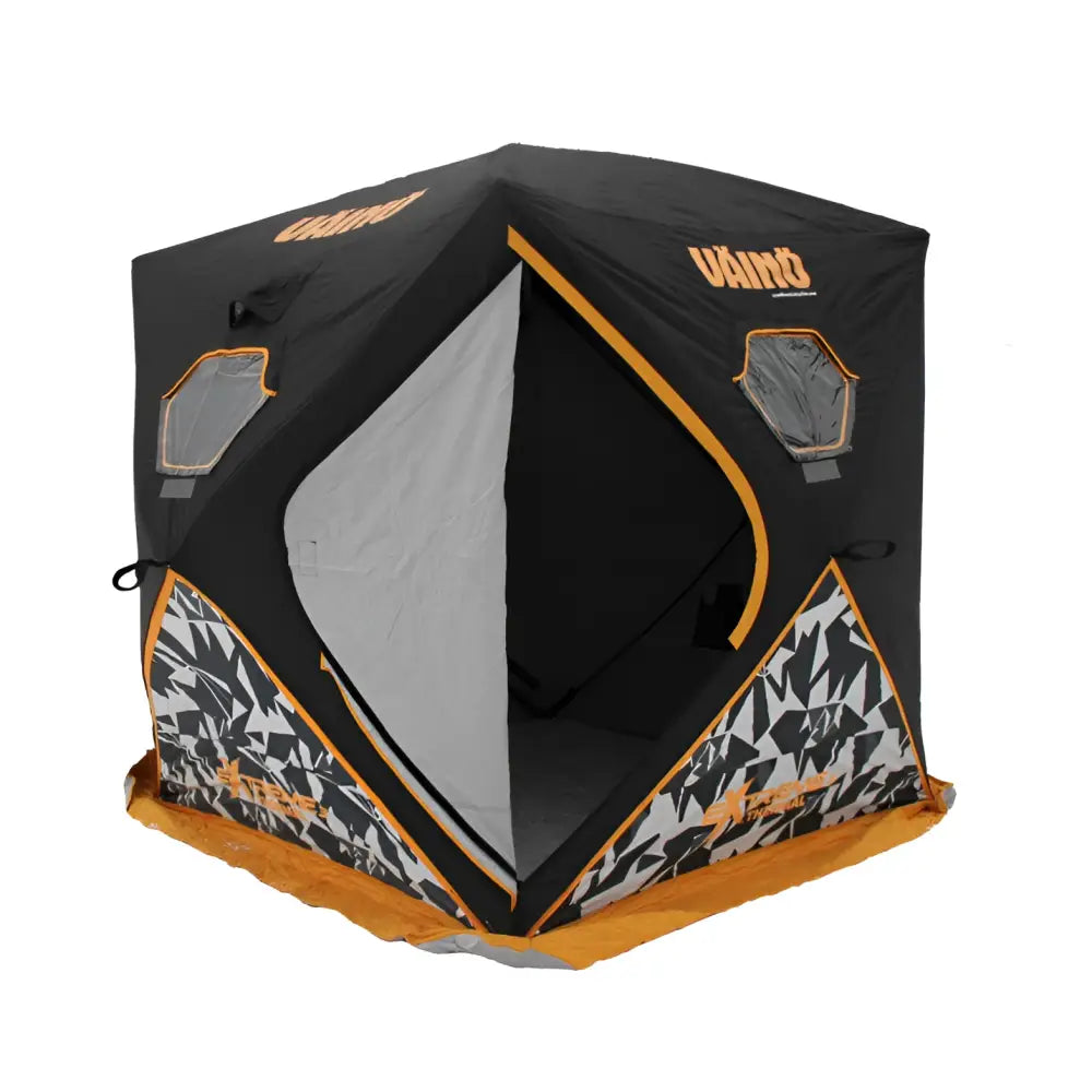 Vähä bunkker thermal extreme 3 pilkkiteltta musta-oranssilla värillä ja geometrisellä kuvioidulla alaosalla