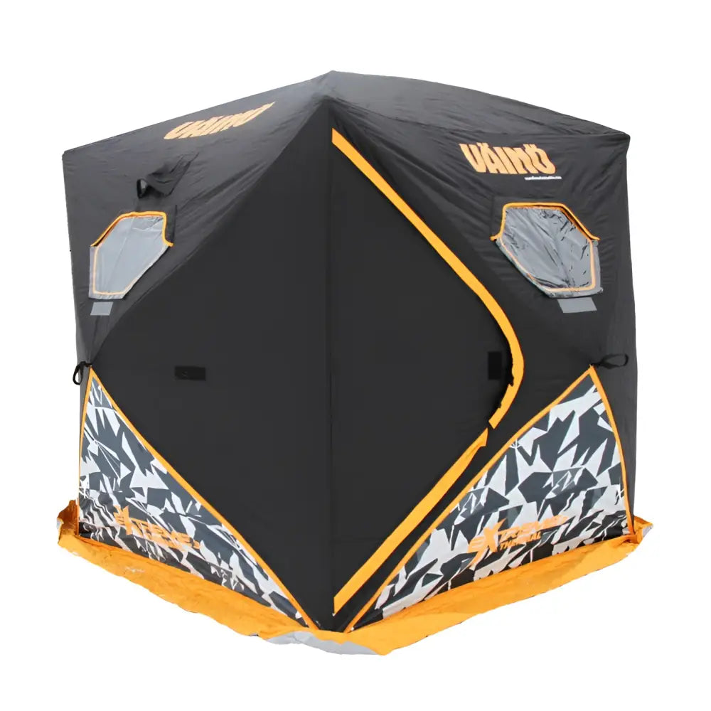 Väinö bunker thermal extreme 3 pilkkiteltta musta-oranssi uamo-jääkalastus teltta geometrisillä alaosilla
