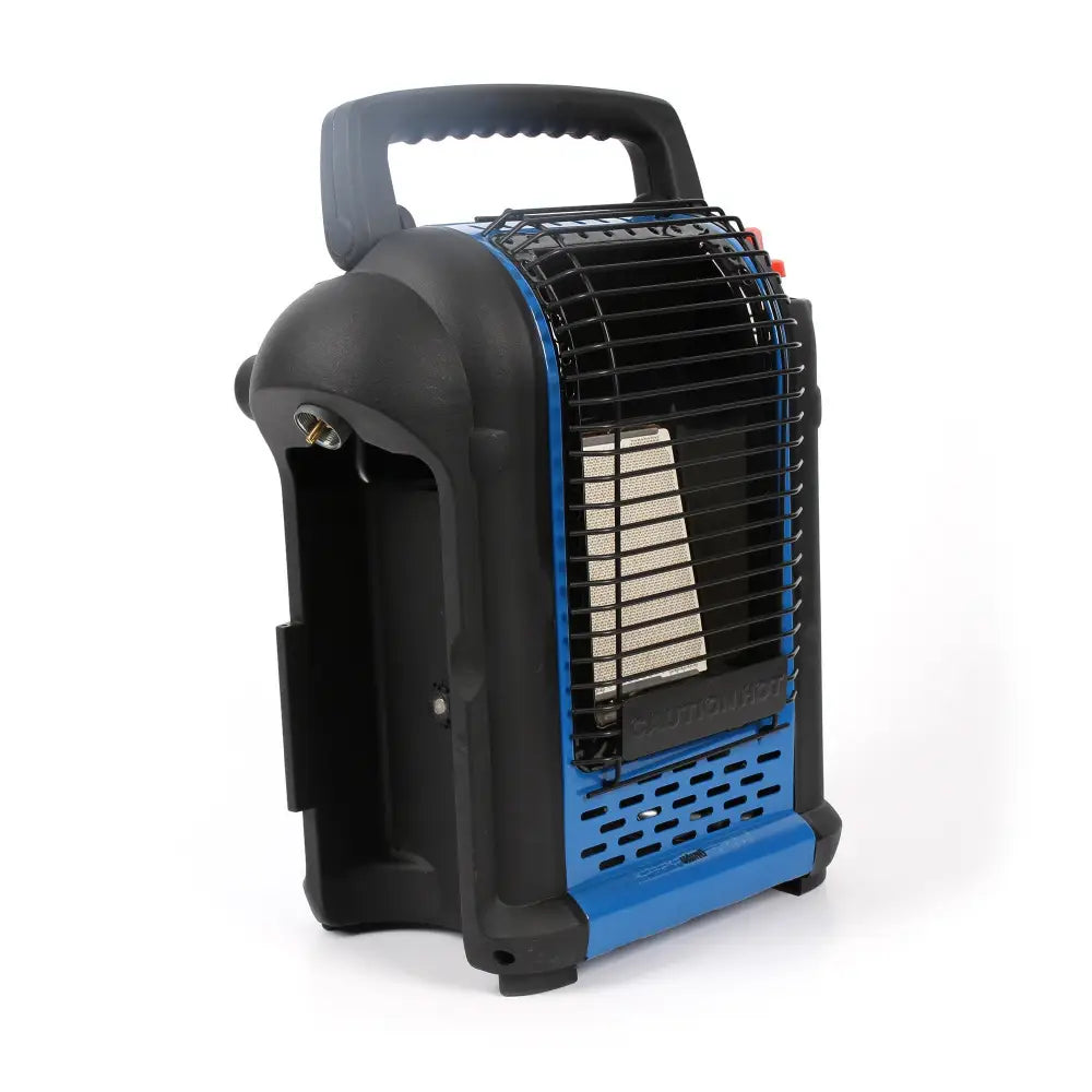 Black and blue portable Väinö Radiant Heater V2000 kaasulämmitin with sturdy handle and metal grille