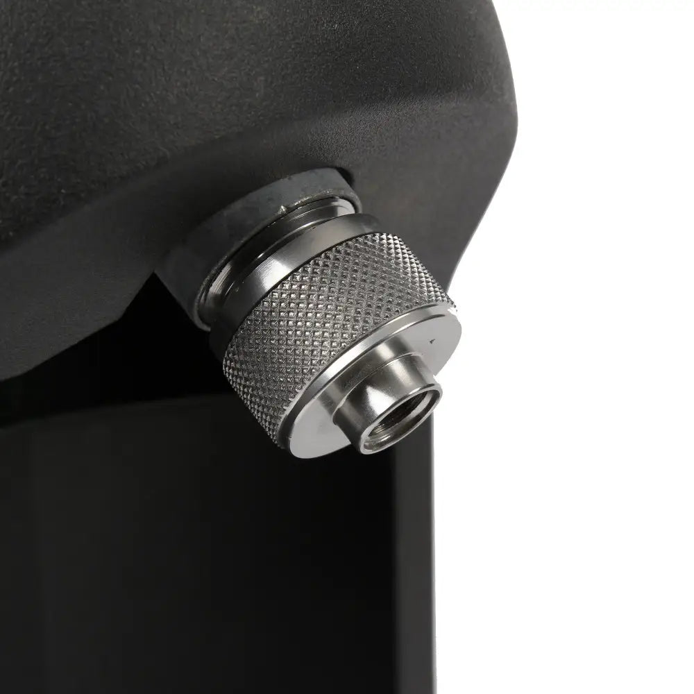 Black matte-finish plastic housing with silver metallic knurled threaded cap of väinö radiant heater v2000 kaasulämmitin
