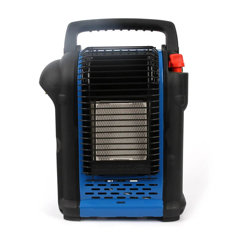 Väinö radiant heater v2000 kaasulämmitin on sinimusta kannettava kaasulämmitin, jossa on punainen polttoainesäiliön korkki