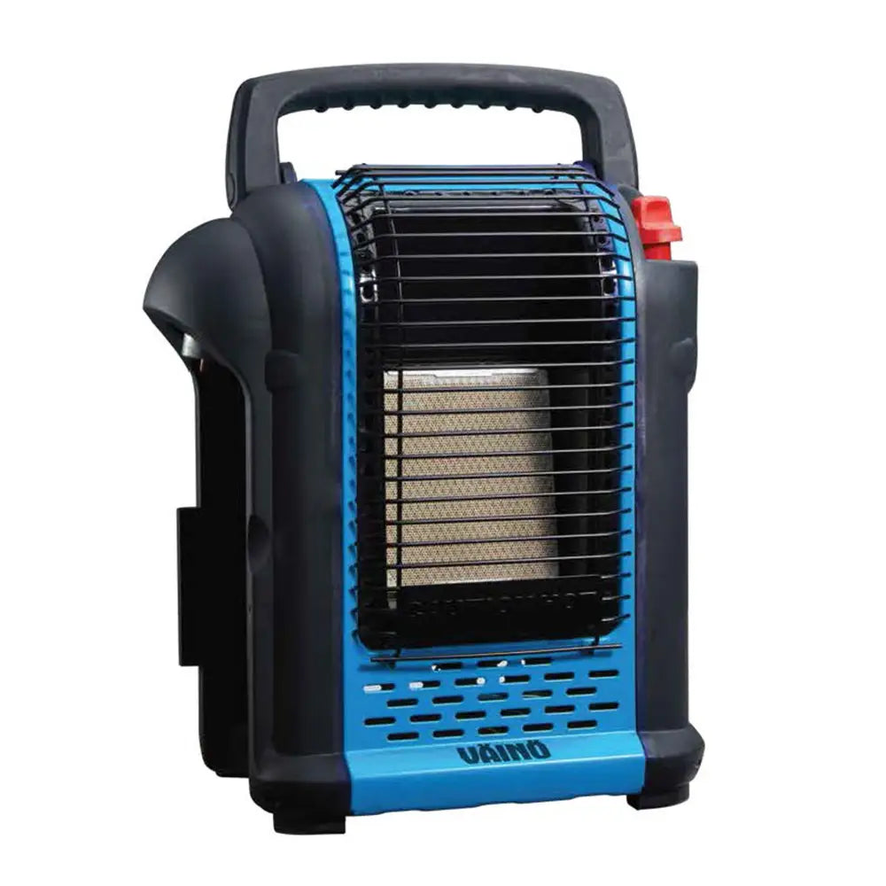 Sininen ja musta portable kaasulämmitin väinö radiant heater v2000 tukeva kahva punainen polttoainesäiliö ja metalliverkko