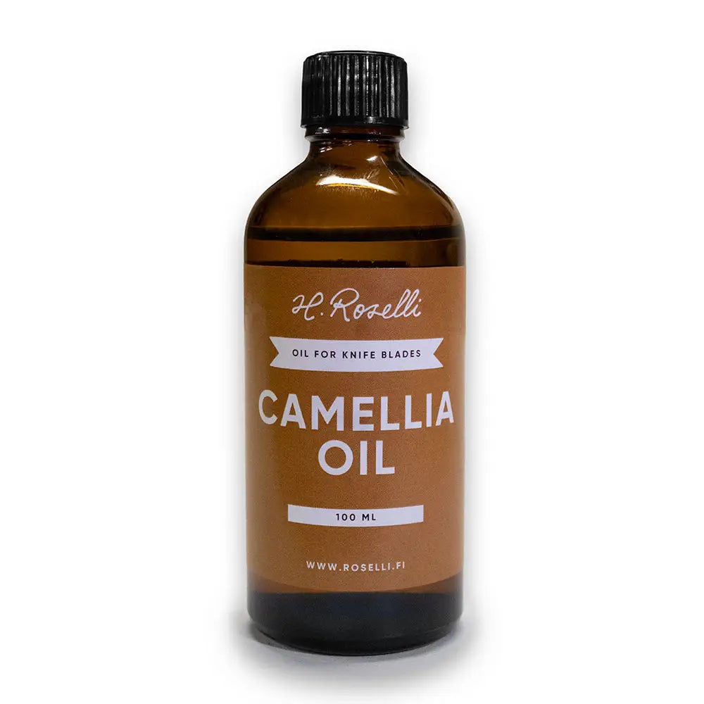 100 ml amber lasipullo veitsen teräöljyä kameliaöljyllä etupuolelta näkyvällä etikalla