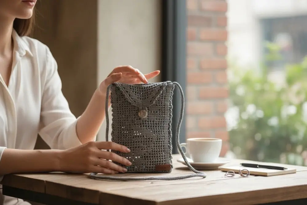 Virkattu harmaa olkalaukku napillissululla ja nahkareunuksella crossbody-käyttöön
