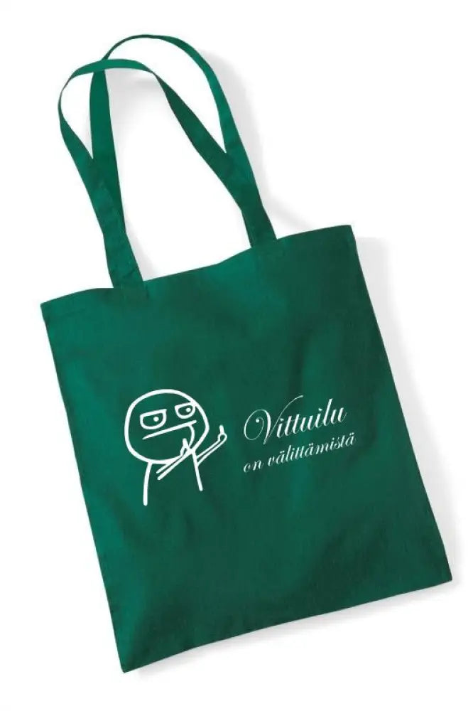 Syvä vihreä kangaskassi valkoisella viivapiirroshahmolla ja kursiivitekstillä vittuilu on välittämistä