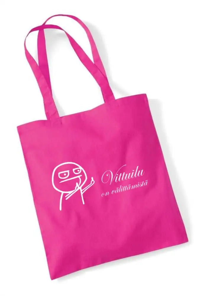 Värikäs pinkki kangaskassi, jossa valkoinen viivapiirros ja teksti vittuilu on välittämistä cursive-kirjaimilla