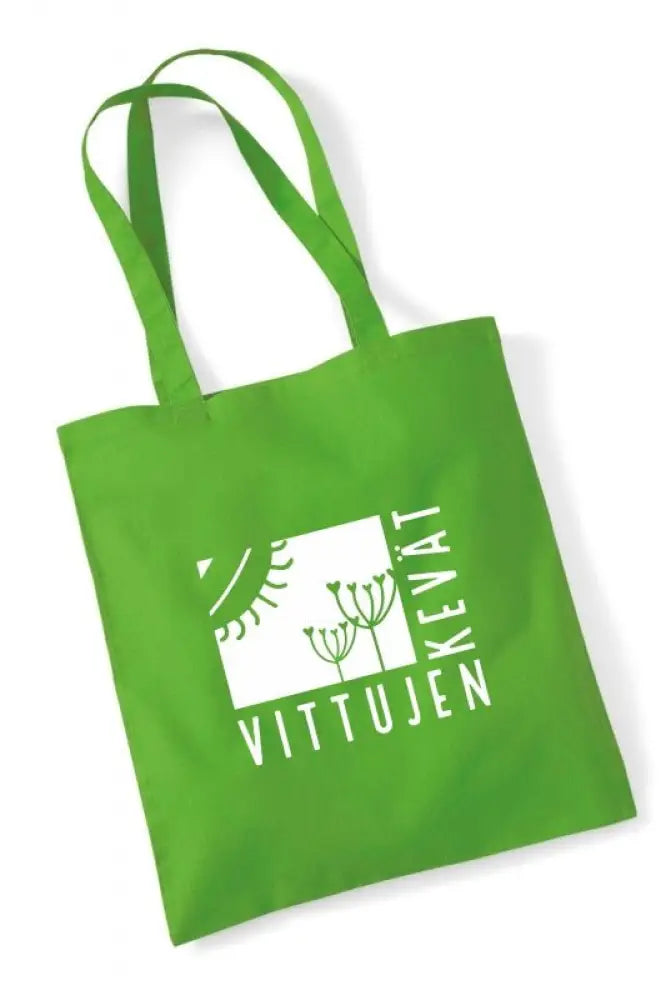 Vihreä kangaskassi, jossa valkoinen vittujen kevät logo dandelion- ja aurinkokuvioilla