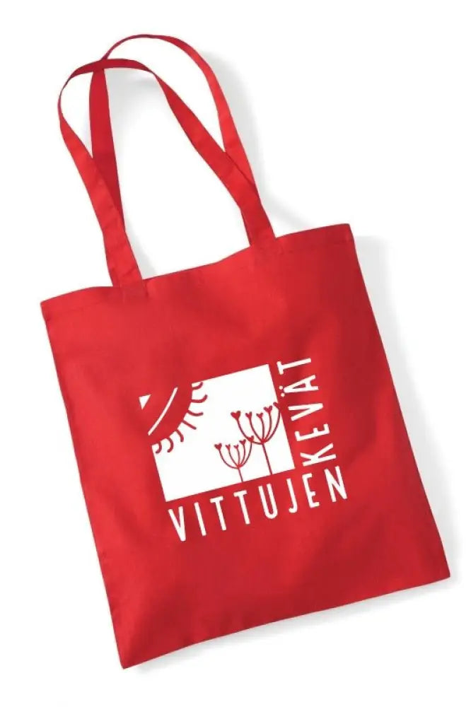 Punainen kangaskassi valkoisella vittujen kevät logolla, jossa aurinko- ja kasvikuvioita
