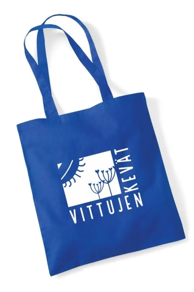 Sininen kangaskassi vittujen kevät logolla jossa valkoinen aurinko ja kasvi kuvio