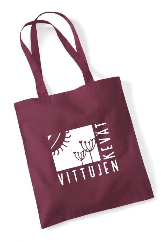 Maroon kangaskassi valkoisella vittujen kevät logolla aurinko- ja kasviullerkuvioin