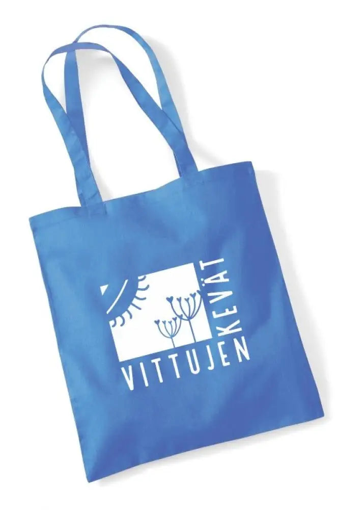 Sininen kangaskassi valkoisella vittujen kevät logolla jossa tyylitelty aurinko ja kasvikuvio
