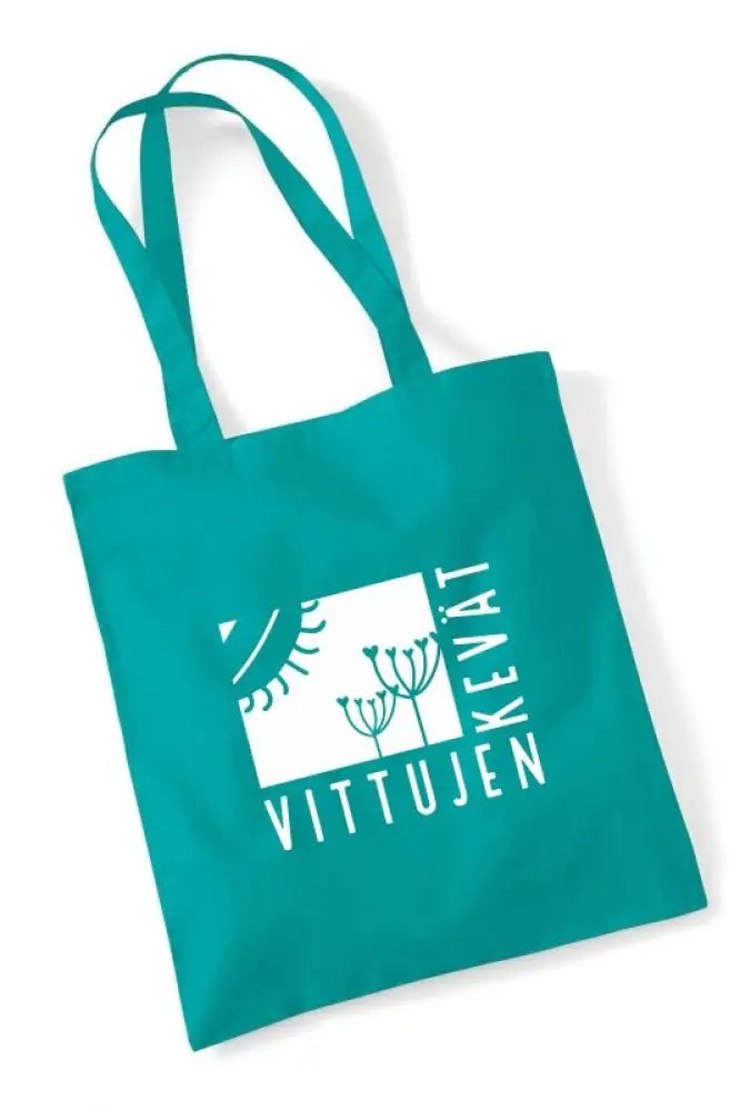 Teal kangaskassi valkoisella vittujen kevät -logolla, jossa tyylitelty voikukka ja auringonsäde design