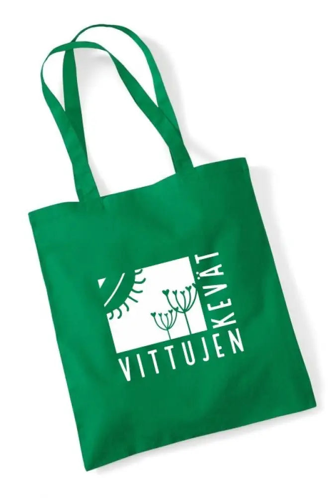 Vihreä kangaskassi valkoisella vittujen kevät logolla ja tyylitellyillä kasveilla