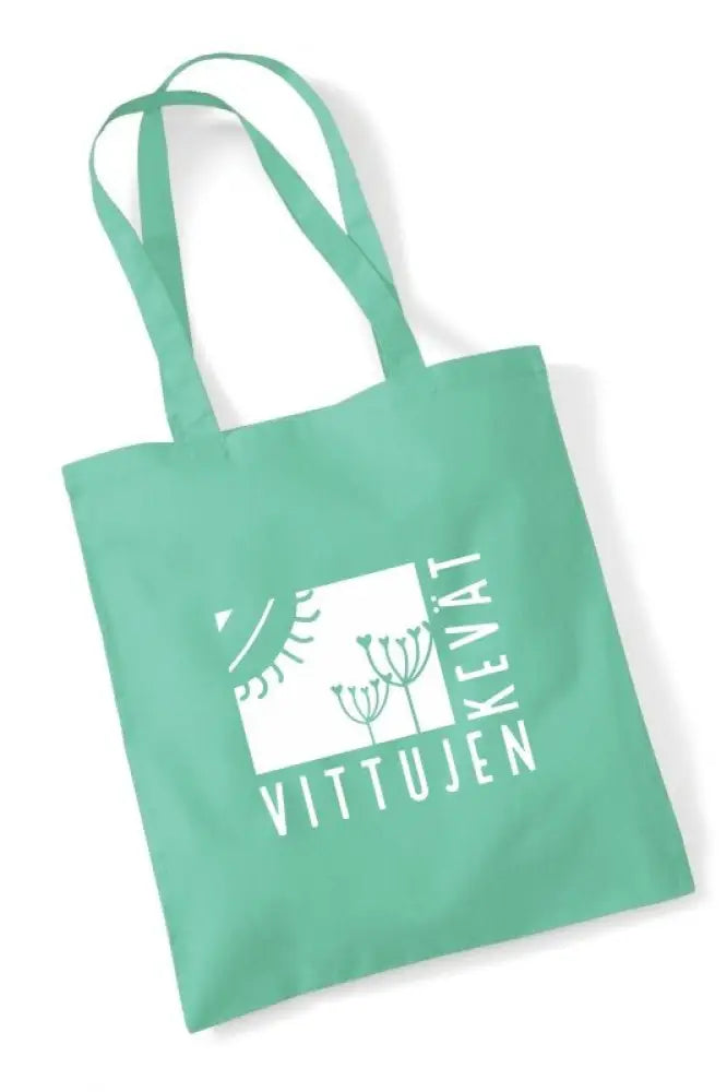 Mintunvihreä kangaskassi valkoisella vittujen kevät -tekstillä ja kukkakuvioilla vittujen kevät logo -kangaskassi
