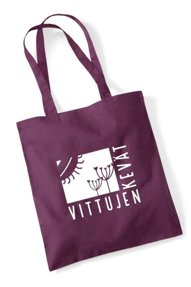 Maroon kangaskassi jossa valkoinen vittujen kevät logo ja tyylitellyt kasvikuvitukset