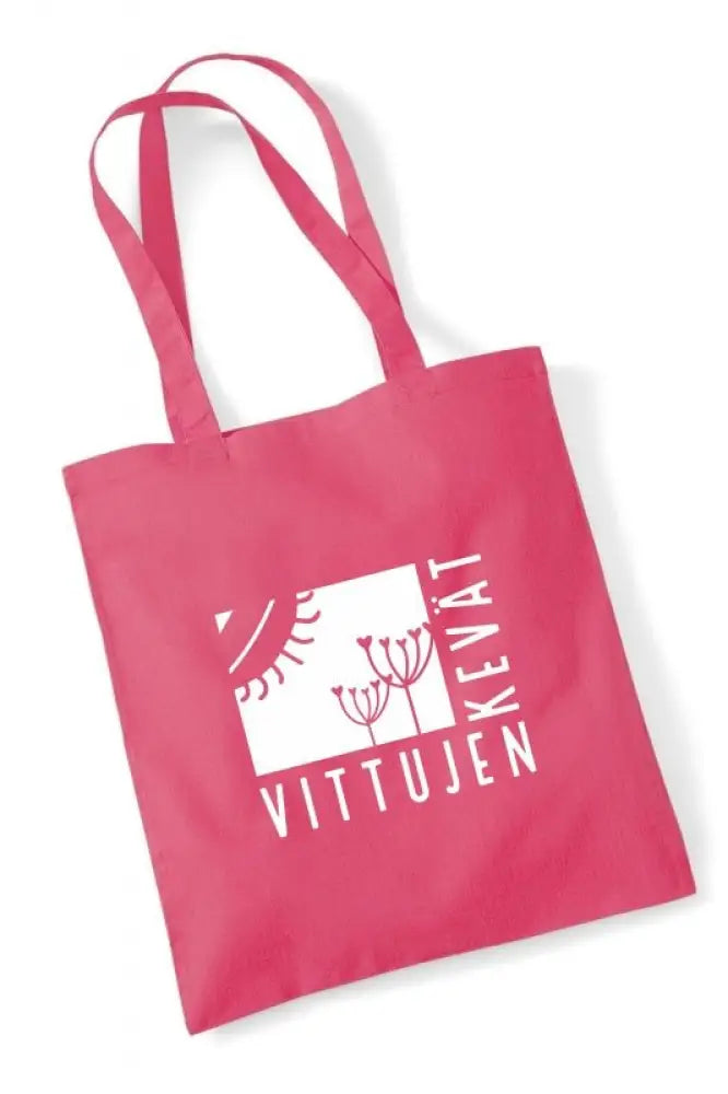 A vibrant pink kangaskassi with a white stylized plant logo and the text vittujen kevät