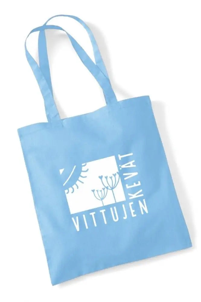 Vaaleansininen kangaskassi valkoisella vittujen kevät logolla jossa aurinko ja kasvi kuvitus